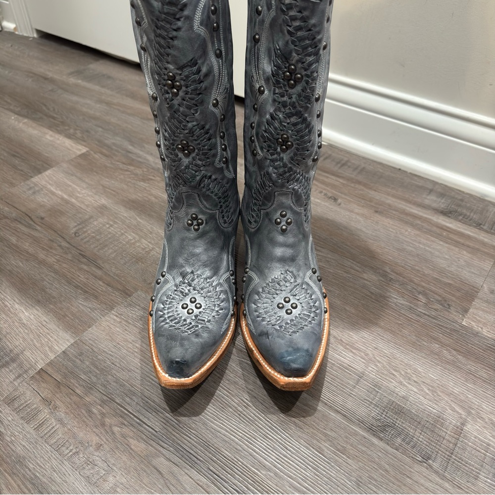 Lane Cosette Braided Stud Western Cowboy Leather Boots in Washed Denim - Picture 4 of 14